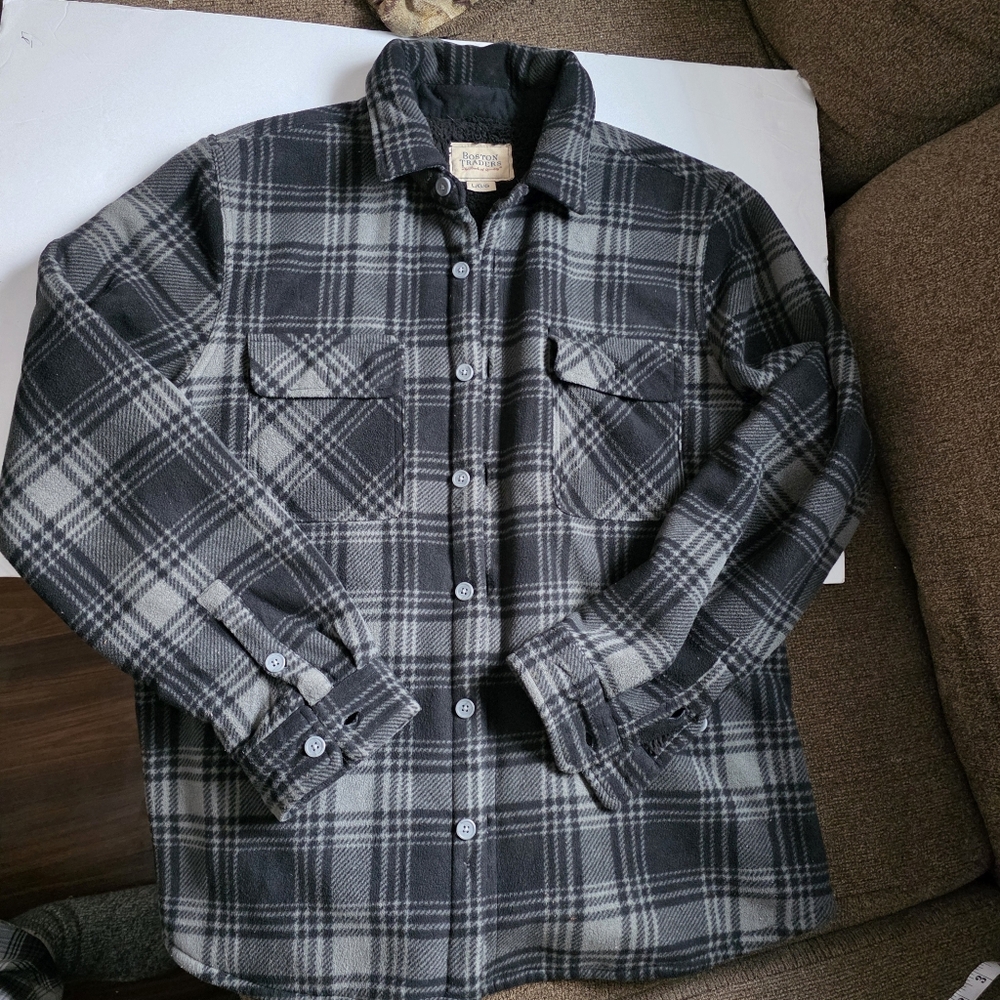 Boston Traders Grey And Black Plaid Lightweight Fleece Jacket Size Large